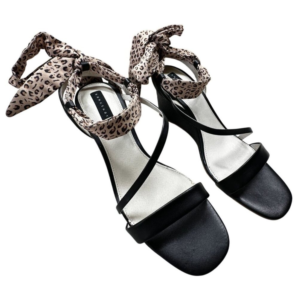 Sanctuary Sandals Whimsy Wedge Womens Size 11‎ Leopard Print Black Tie Strap